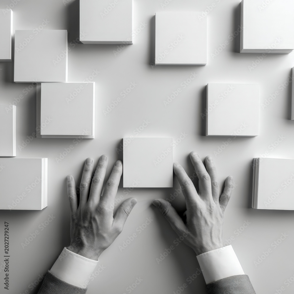 Naklejka premium Hands Arranging Blank Notes For Workflow Planning Concept