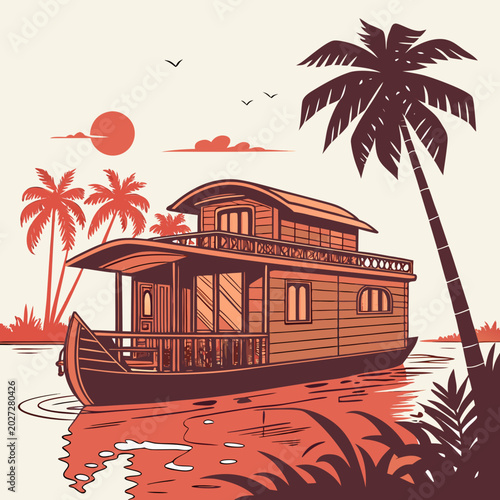Photos stylized houseboat illustration with palm trees and sunset over tropical lagoon