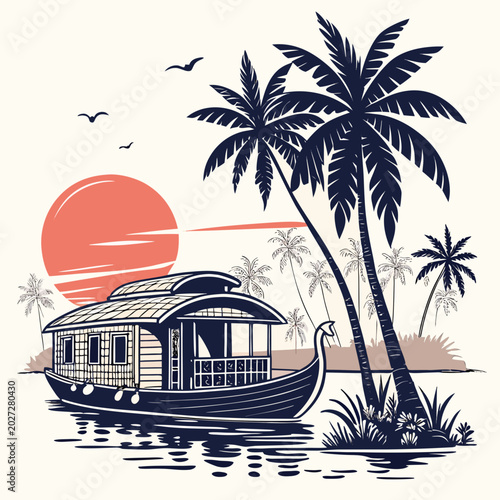 Φωτογραφία tropical houseboat illustration with palm trees and sunset over calm water