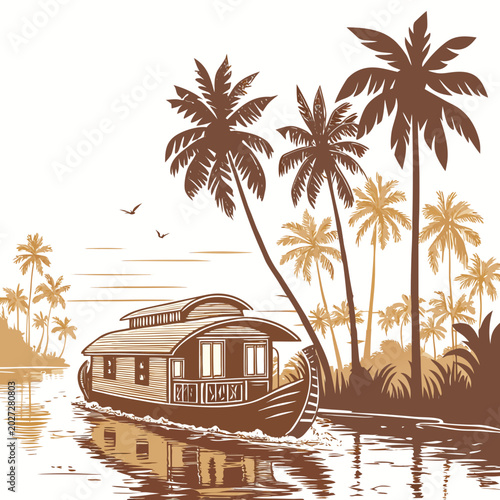 tropical houseboat on calm water with palm trees vintage engraved illustration style
