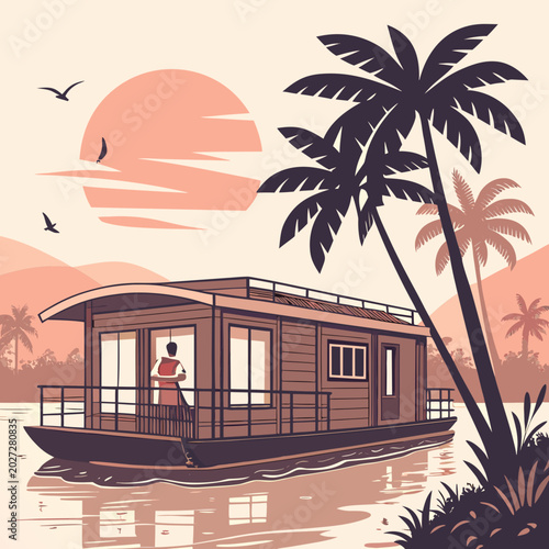 Foto tropical houseboat illustration with palm trees and sunset scenic water landscap