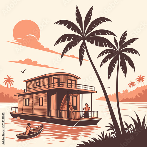 Photos tropical houseboat on water with palm trees and sunset vintage style illustratio