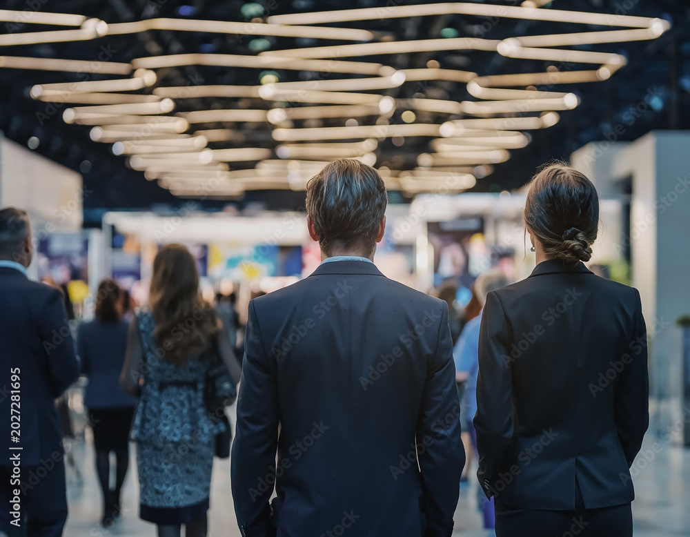 Fototapeta premium People at professional exhibition with blurred background. Business networking and industry event concept ideal for trade shows and corporate communication themes.