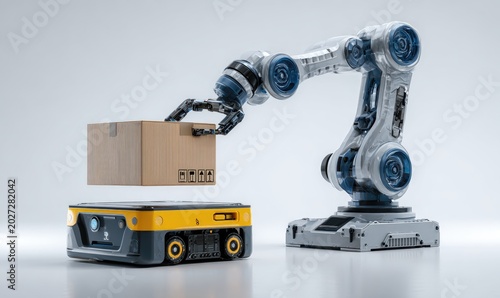 Robotic arm precisely places box on autonomous mobile robot
