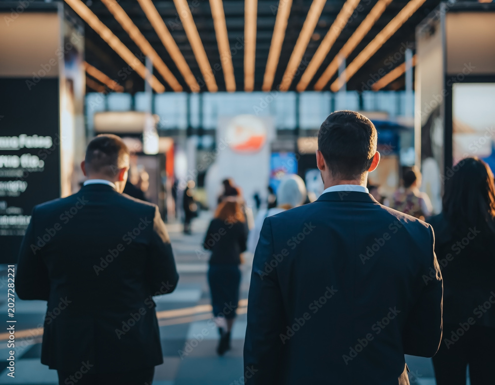Fototapeta premium People at professional exhibition with blurred background. Business networking and industry event concept ideal for trade shows and corporate communication themes.