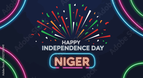 Schilderij op canvas Happy Independence Day Niger with colorful confetti and neon lights