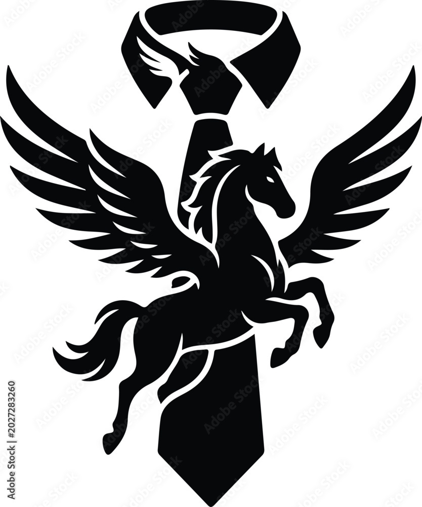 Fototapeta premium Winged Horse and Tie Emblem Silhouette, Black silhouette logo featuring a winged rearing horse beneath a necktie, symbolizing business success, ambition, leadership, and achievement.