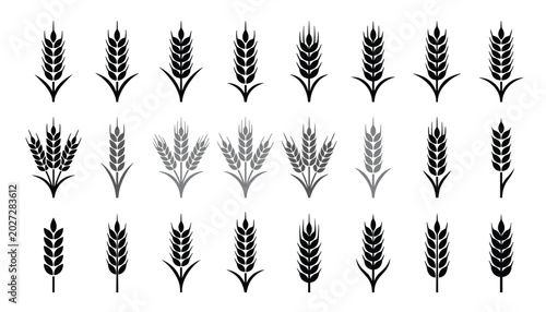 Tableau sur toile Wheat Grain and Cereal Ear Collection with Black Silhouette Agriculture Harvest and Organic Farming Vector Icon Set