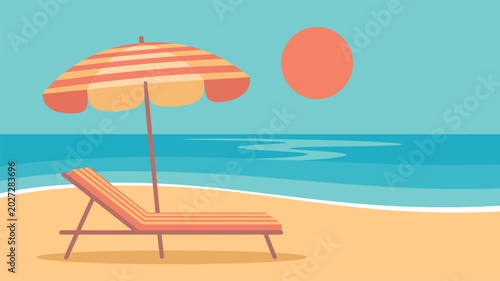 Foto Tropical beach scene with striped sun umbrella and lounge chair by the ocean und