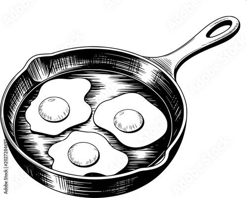 Photos Vintage style of fried eggs cooking in a cast iron skillet