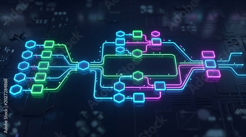Workflow process programming streamline strategy software concept. Vibrant digital circuit design illustrating modern technology concepts.