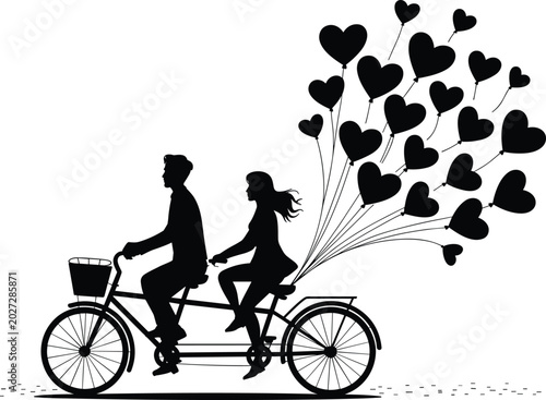 Fotografie Pitch black solid silhouette of a romantic couple riding a tandem bicycle togeth