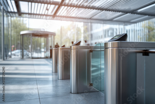 Modern office entrance with automated turnstiles and glass architecture for corporate access control