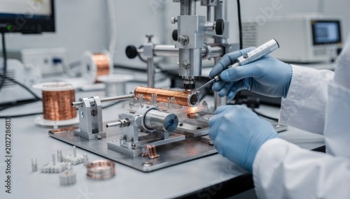 Medium shot focused on manufacturing microcoils using a specialized winding station emphasizing fine detail work for compact therapeutic and imaging unit applications.