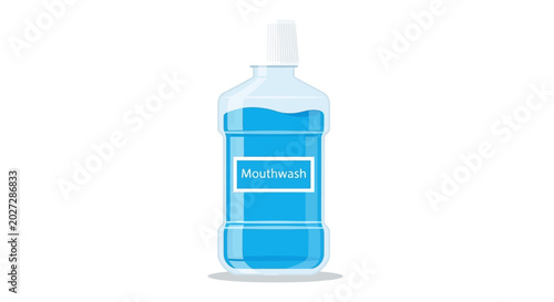Fotografie Mouthwash Bottle with Blue Liquid Inside.