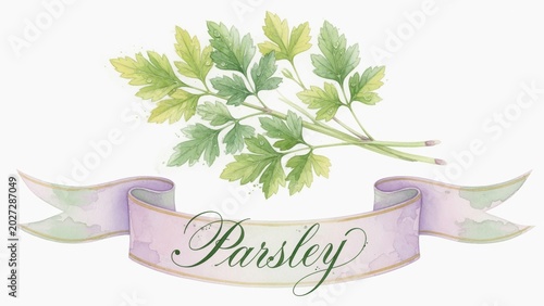 Fresh Parsley Illustration with Elegant Ribbon Design