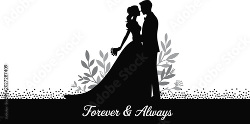 Foto Pitch black solid silhouette of a wedding groom kneeling down on one knee propos