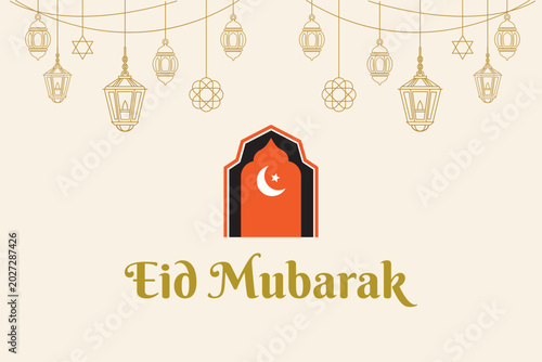 Elegant eid mubarak islamic greeting vector with hanging lantern and crescent mosque arch minimalist background
