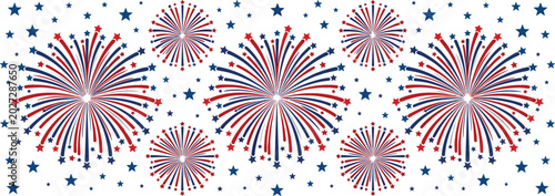 Red, White, and Blue Fireworks Burst Illustration with Star Elements for Celebration, Independence Day, Party, Festival, and Holiday Vector Design