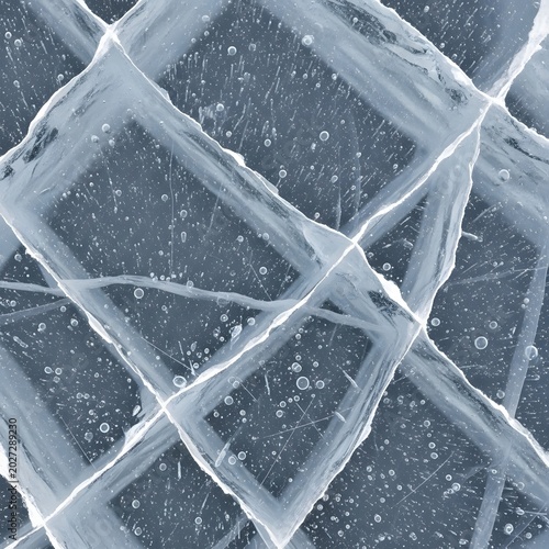 Close up view of blue frozen ice texture with white cracks and air bubbles trapped inside.