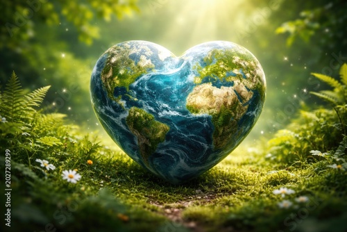 Concept for World Environment Day showing an Earth heart on a lush green blurred natural scenery