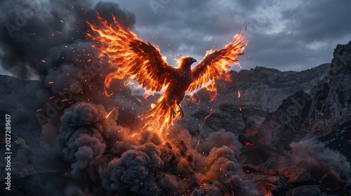 Majestic phoenix rising from the ashes with wings spread wide in a dramatic display of glowing fire and intense heat captured in this stunning artistic photograph