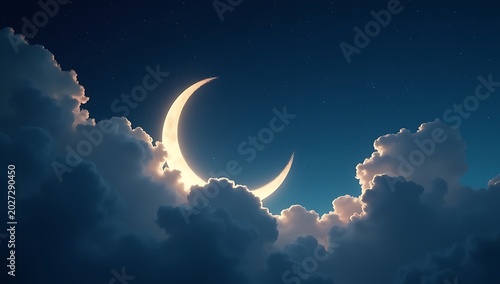 Glowing Crescent Moon Illuminates the Night Sky with Clouds.