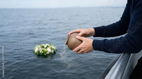 Hands pouring cremation ashes from a brown ceramic urn into the ocean. Maritime funeral ceremony with a floating flower wreath in the background. Scattering remains at sea memorial service