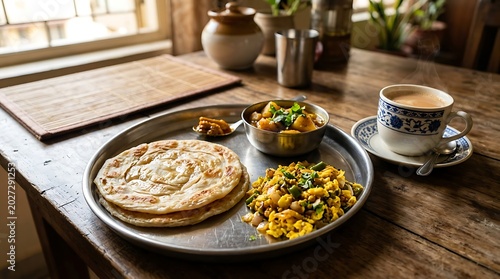 Delicious breakfast with flatbread, scrambled eggs, salad, and tea on wooden table