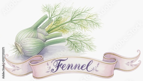 Beautiful Watercolor Illustration of Fresh Fennel with Decorative Ribbon