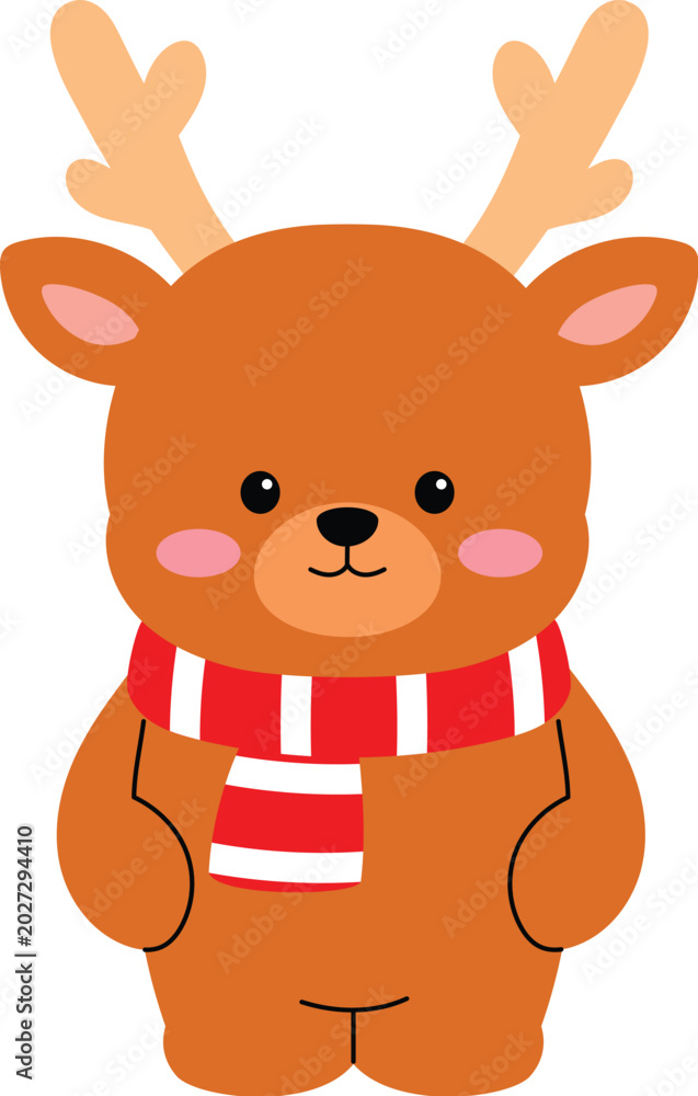 Fototapeta premium Cute brown reindeer wearing scarf standing illustration