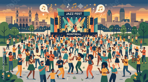 A vibrant flat design illustration capturing a diverse crowd enjoying an outdoor jazz concert under the night sky. This 2D vector artwork conveys the joyful and communal atmosphere of a music festival