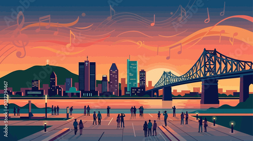 A vibrant flat design illustration capturing the essence of the Montreal International Jazz Festival with its iconic cityscape and musical elements. 