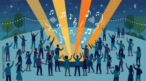 A vibrant flat design illustration capturing a diverse crowd enjoying an outdoor jazz concert under the night sky. This 2D vector artwork conveys the joyful and communal atmosphere of a music festival