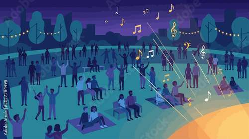 A vibrant flat design illustration capturing a diverse crowd enjoying an outdoor jazz concert under the night sky. This 2D vector artwork conveys the joyful and communal atmosphere of a music festival