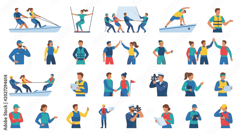 Fototapeta premium Flat vector illustration set of thirty different sailing boats and nautical vessels including yachts, catamarans, and sailboats isolated on a white background for design projects.