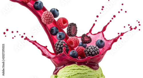 Scoop of pistachio ice cream with a splash of berry sauce and fresh berries isolated on transparent background