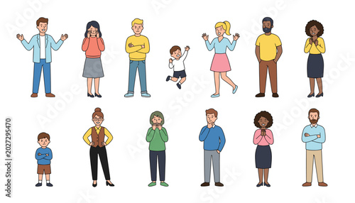 Foto Diverse People Emotion Expression Collection with Cartoon Human Characters Showing Happy Sad Angry and Surprised Reactions Vector Illustration Set