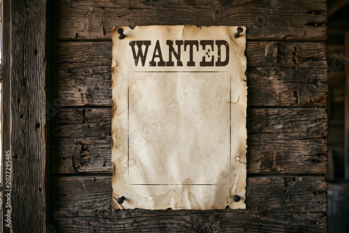 A blank wanted poster hanging against a rustic wooden wall background.