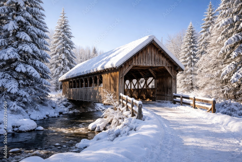 Fototapeta premium Wooden covered bridge in a snowy winter setting with clear skies