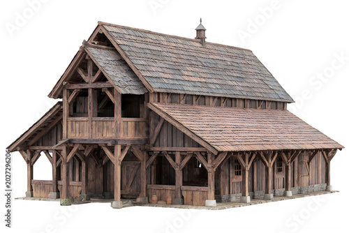Old rustic barn architecture model isolated on transparent background