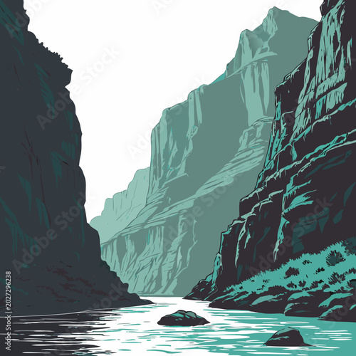 Fotografía canyon landscape illustration with river stylized digital art