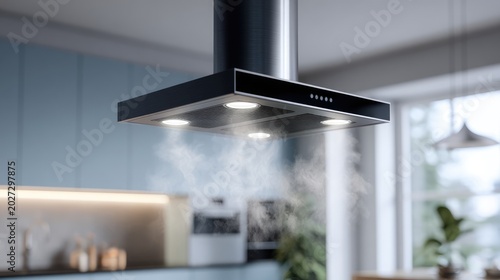Modern kitchen extractor hood vents steam over illuminated cooking surface