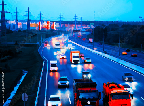 Retro blueish night highway road illustration backdrop