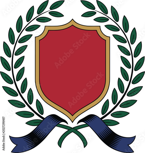 Schilderij op canvas Coat of arms with lion on red shield and green laurel wreath isolated on white b