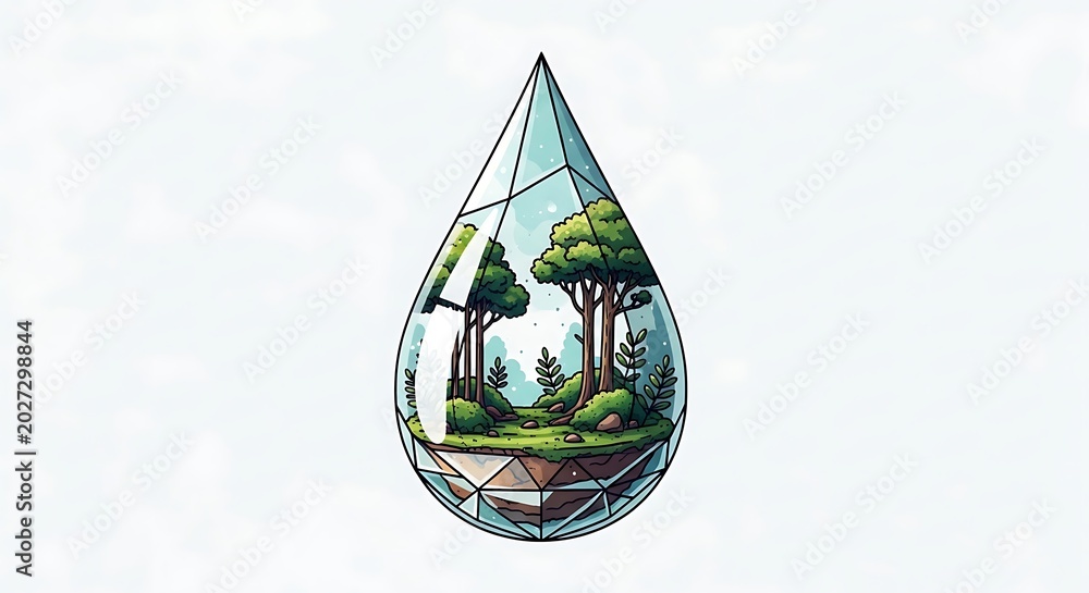 Obraz premium Small forest ecosystem inside a glass water drop shape terrarium illustration
