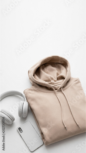 Cozy Comfort: A beige hooded sweatshirt lies folded beside a pair of white headphones and a smartphone, creating a relaxed and casual aesthetic perfect for lifestyle content.