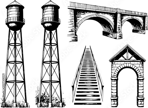 Принти на полотні Black and white of vintage water towers, stone bridge, staircase, and archway in