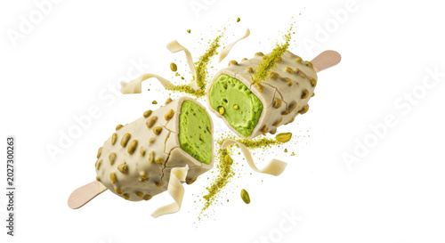 Pistachio ice cream bar with white chocolate coating and nuts, isolated on transparent background
