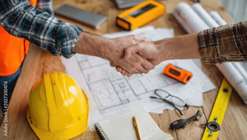 Two construction workers shake hands over blueprints and safety gear